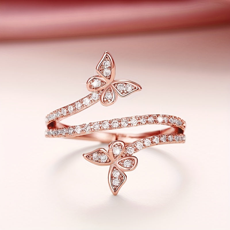Ring with Butterflies and Embedded Zirconia in White Gold