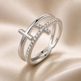 Double Layer: White Gold Ring with Zirconia Cross