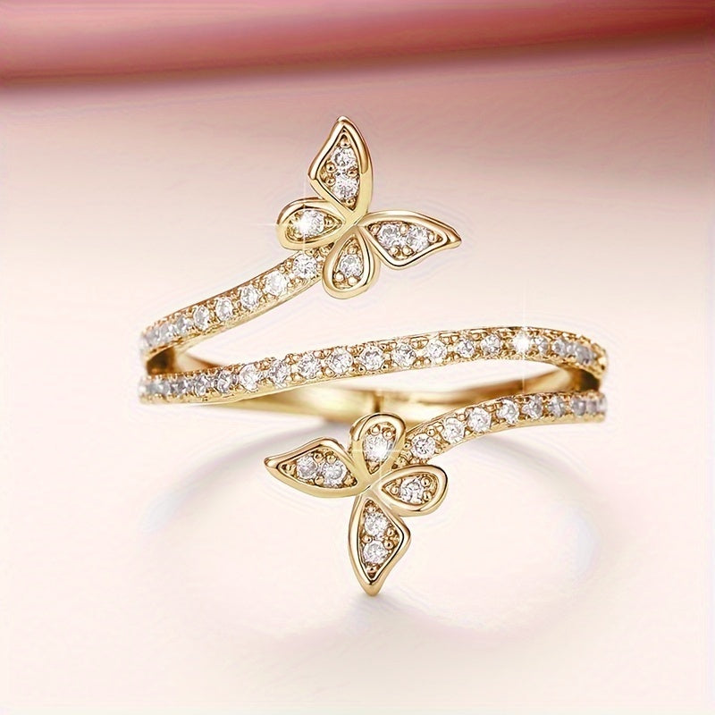 Ring with Butterflies and Embedded Zirconia in White Gold
