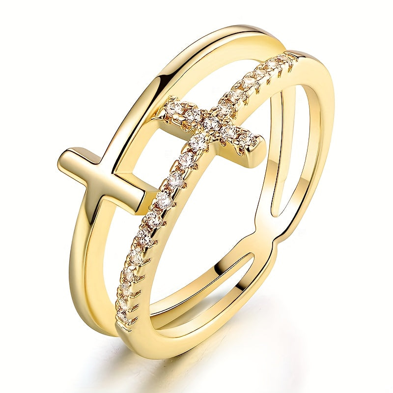Double Layer: White Gold Ring with Zirconia Cross