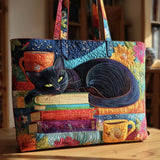Handcrafted Bag - Black Cat with Books and Cups