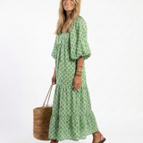Céline | Midi dress with pattern, three-quarter sleeves and V-neck