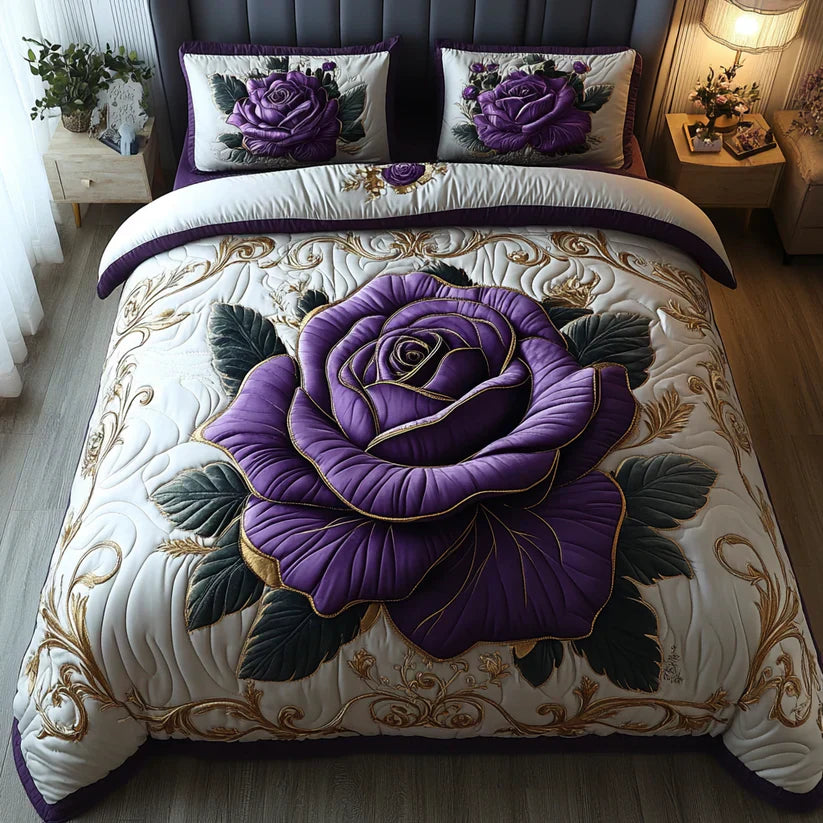 3-Piece Quilted Bed Linen Set - Violet Pink