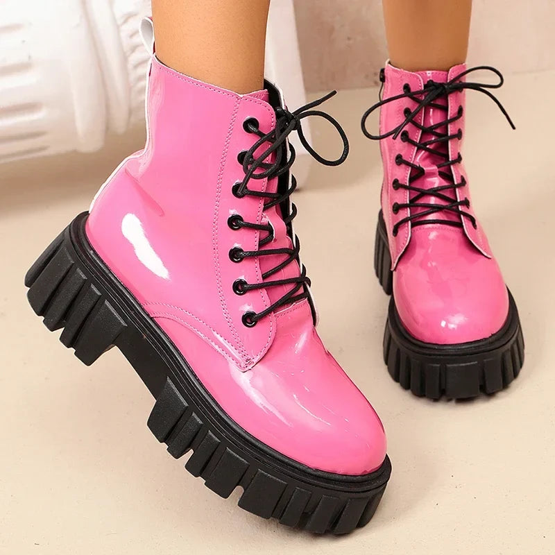 Astrid - Women's waterproof patent combat boot with zip