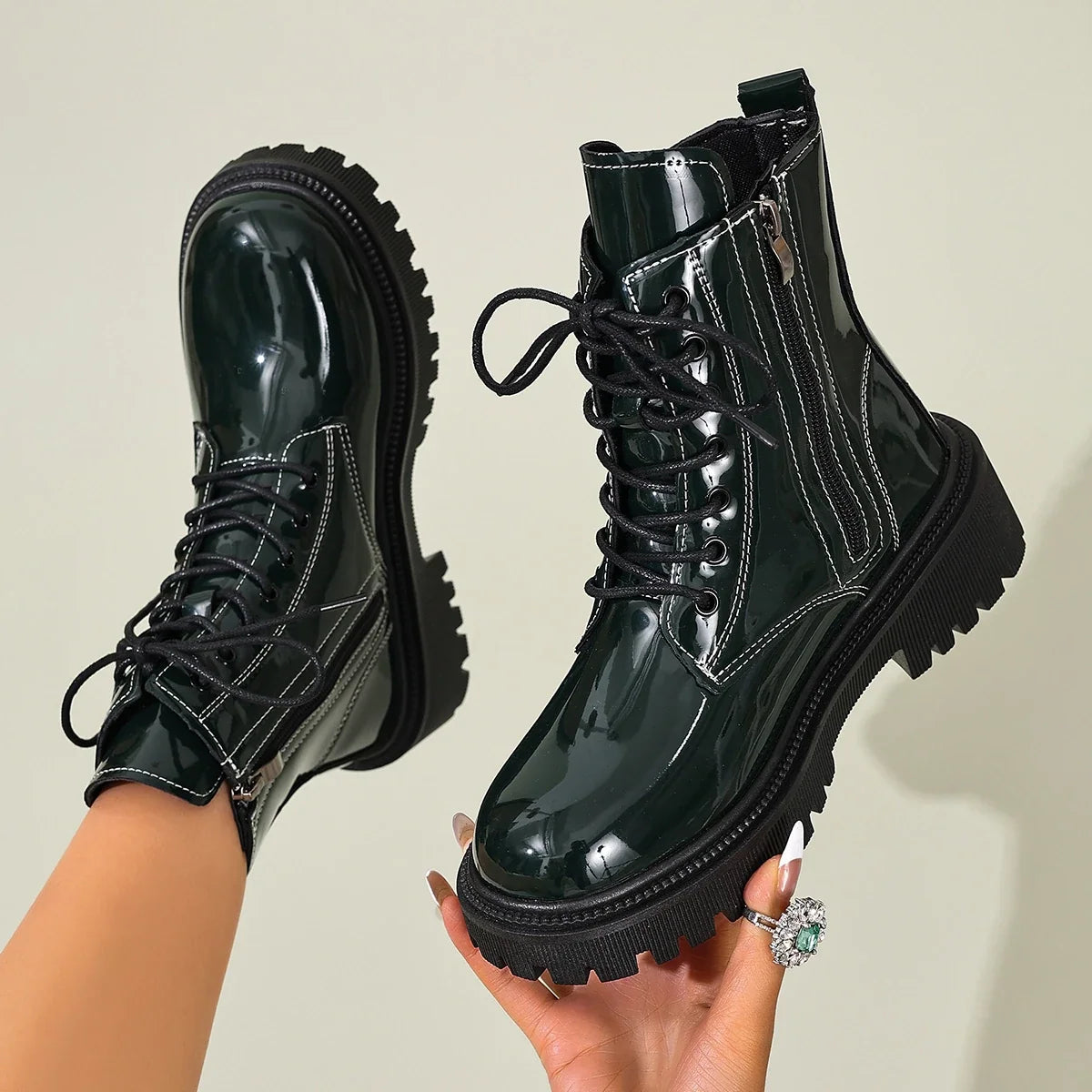 Thea - Women's waterproof patent combat boot