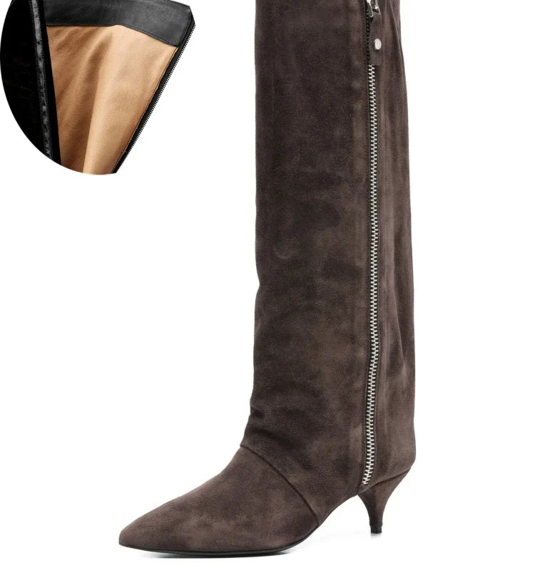 Women's Suede Kitten Heel Knee-High Boots – Roanelle