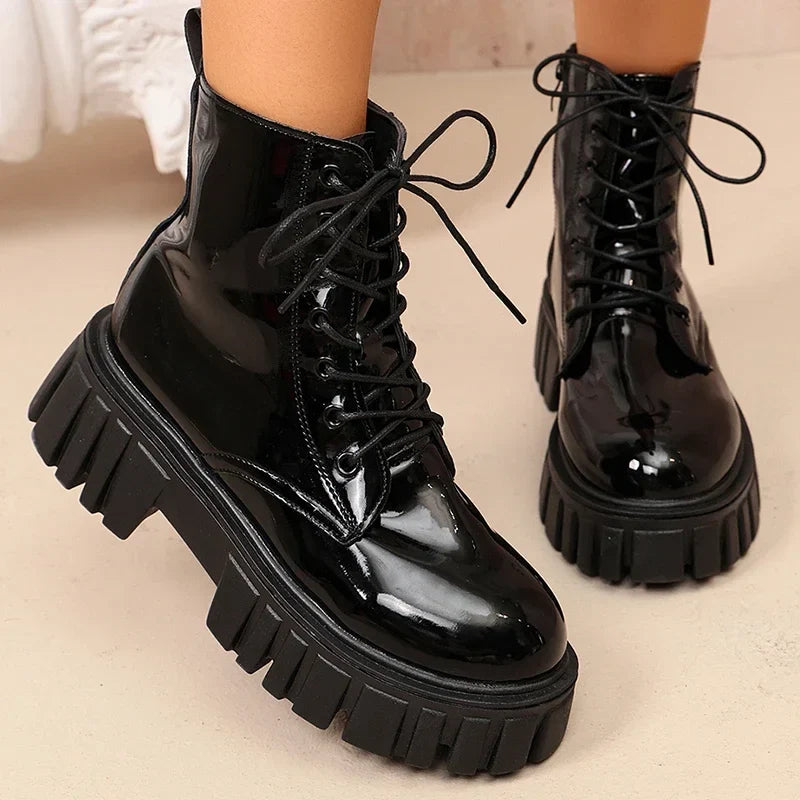 Astrid - Women's waterproof patent combat boot with zip