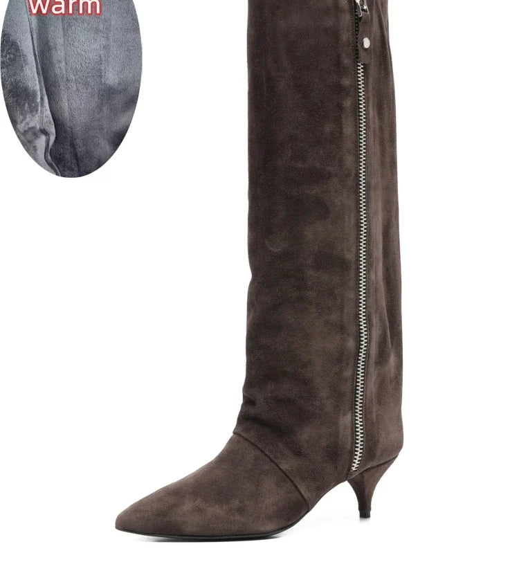 Women's Suede Kitten Heel Knee-High Boots – Roanelle