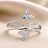 Ring with Butterflies and Embedded Zirconia in White Gold