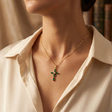 Marquise Cross Necklace in Gold and Emerald