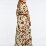 Isabelle | Maxi dress with belt, round neckline and three-quarter sleeves