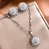 Trendy silver zircon necklace and earrings set with sunflower