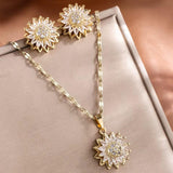 Trendy silver zircon necklace and earrings set with sunflower